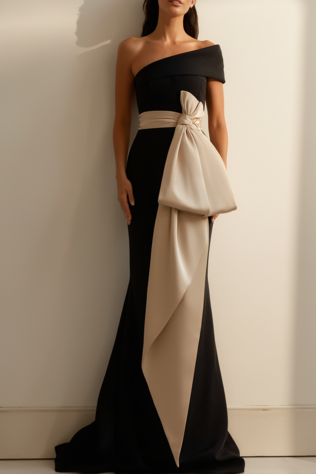 Formal Dress Black One Shoulder Bow Floor-Length Dress
