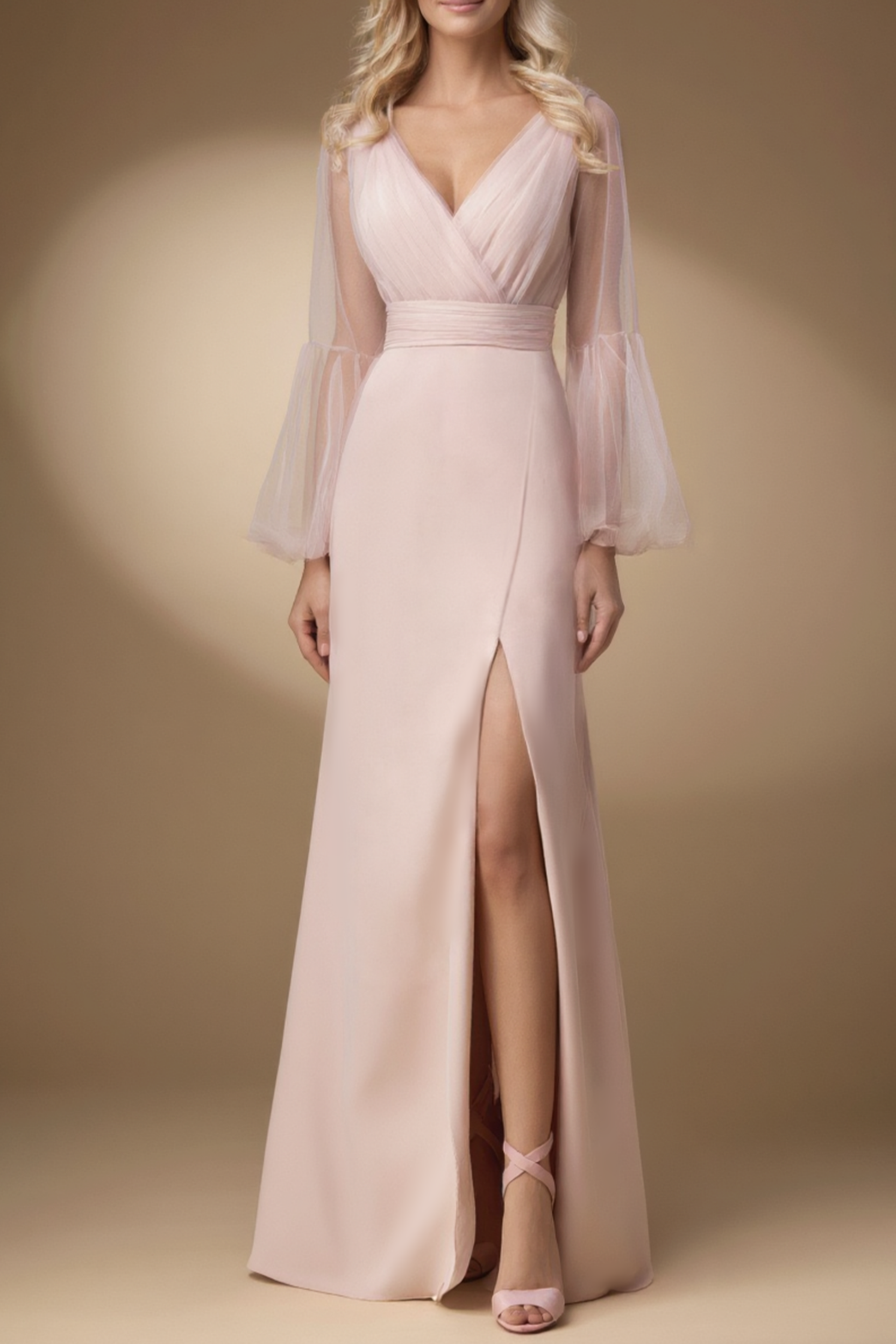 ​Evening Dress​ Pink V Neck Slit Floor-Length Dress