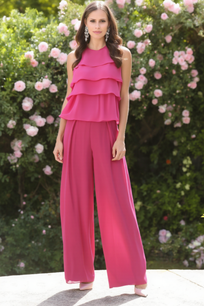 Modern Chic Set Rose Crew Neck Ruffle Chiffon Pants Set 