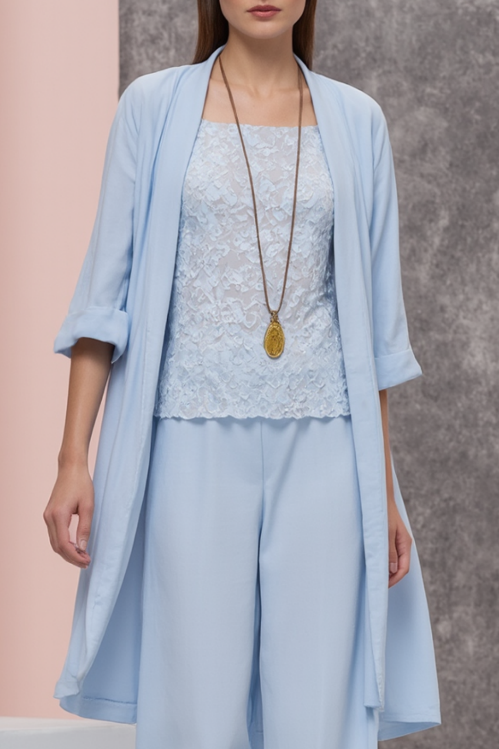 Mom Casual Outfit Sets Blue Crew Neck Lace Wide-Leg Pants 3-Piece Set