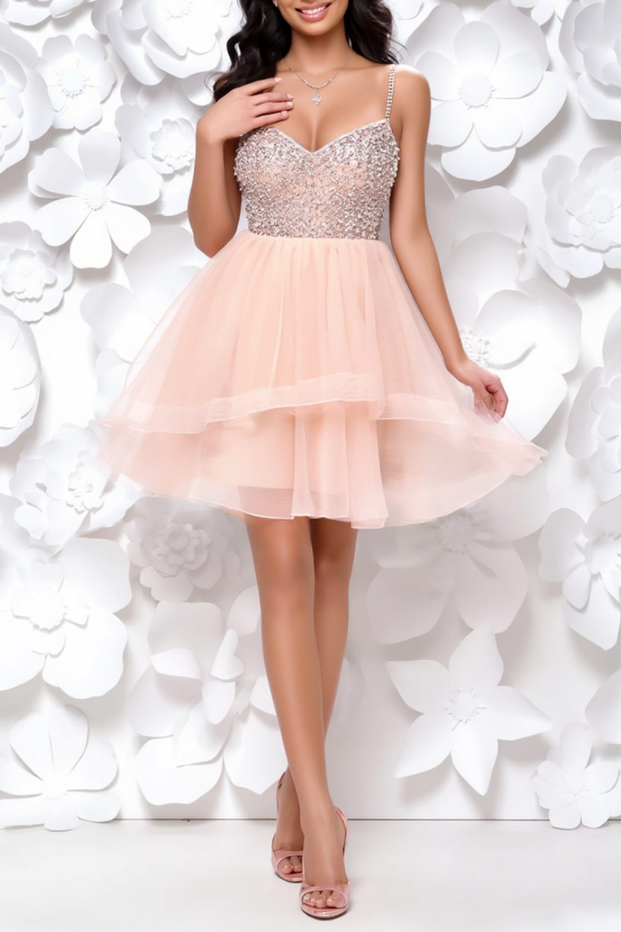 Homecoming​ Party Dress​​ Pink Spaghetti Strap Sequin Mini Dress