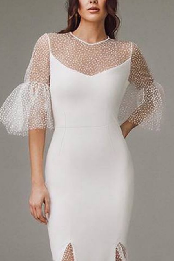 Formal Mermaid Dress White Crew Neck Colorblock Maxi Dress