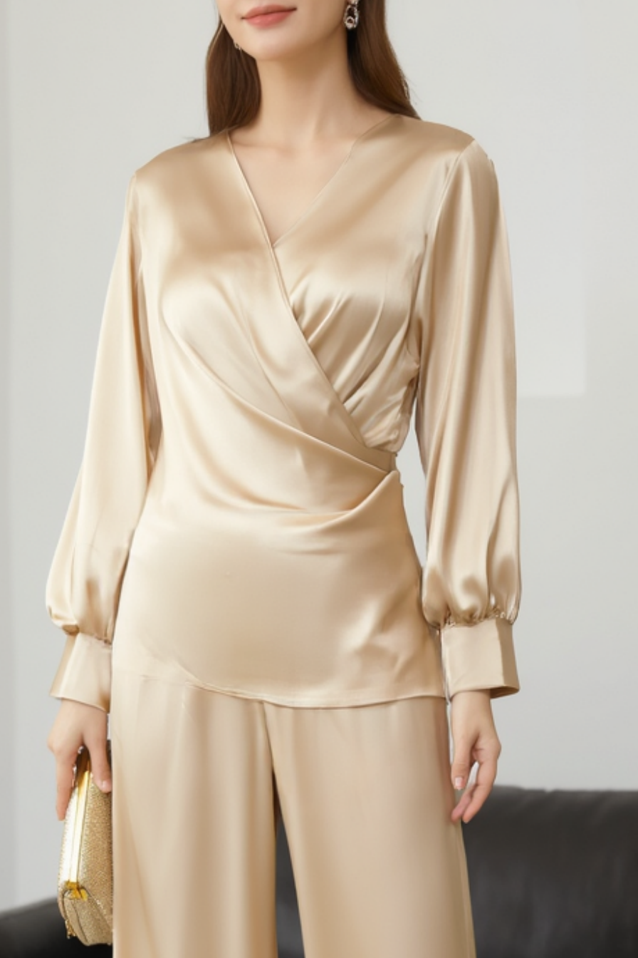 Work Pants Set Golden Long Sleeve Blouse Two-Piece Wide-Leg