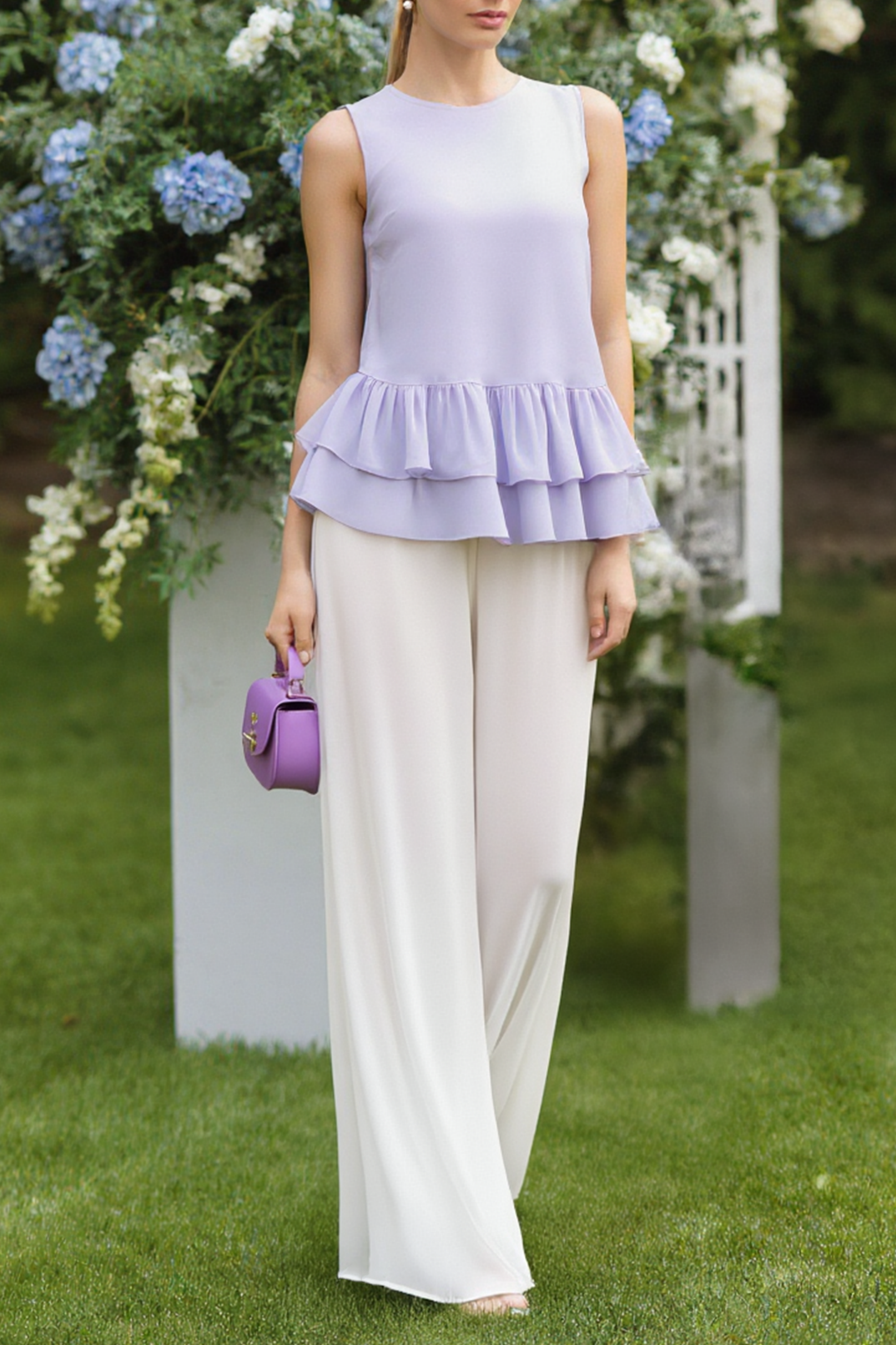 Casual Blouse Set Purple Crew Neck Ruffle Two-Piece