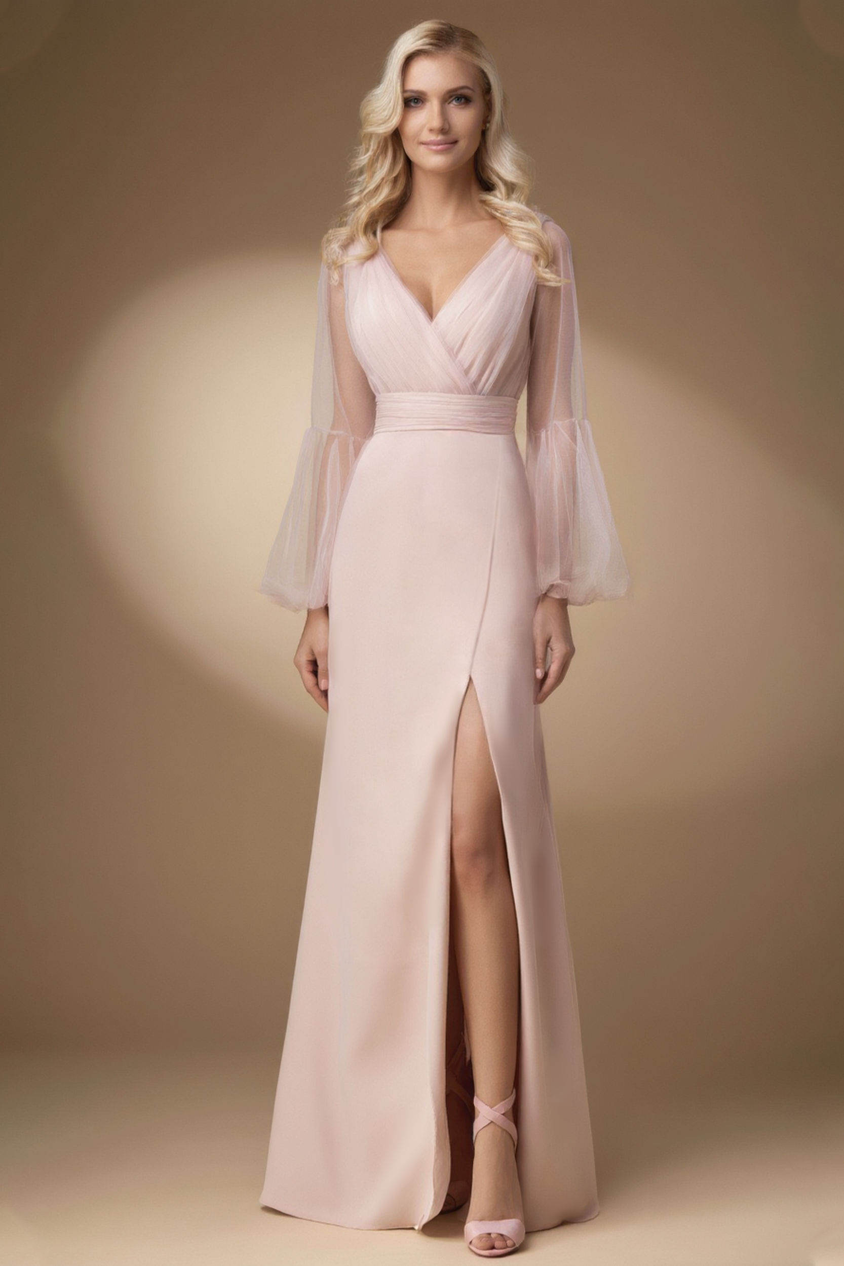​Evening Dress​ Pink V Neck Slit Floor-Length Dress
