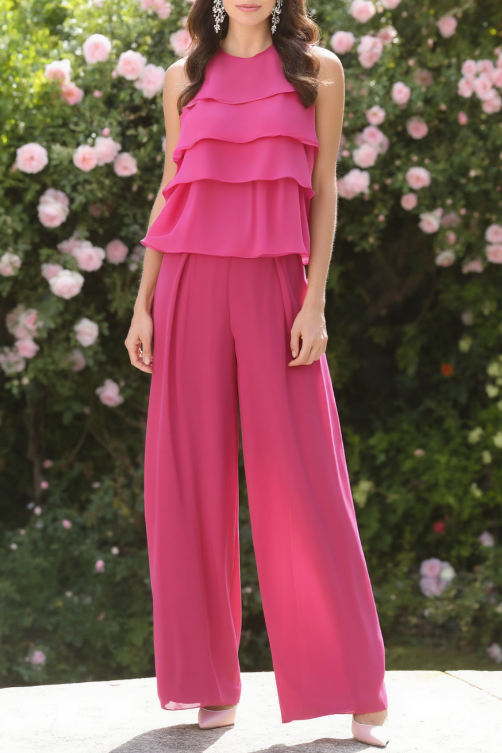 Modern Chic Set Rose Crew Neck Ruffle Chiffon Pants Set 