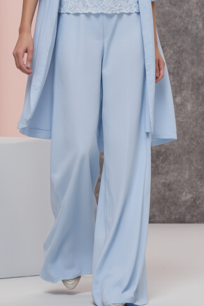Mom Casual Outfit Sets Blue Crew Neck Lace Wide-Leg Pants 3-Piece Set