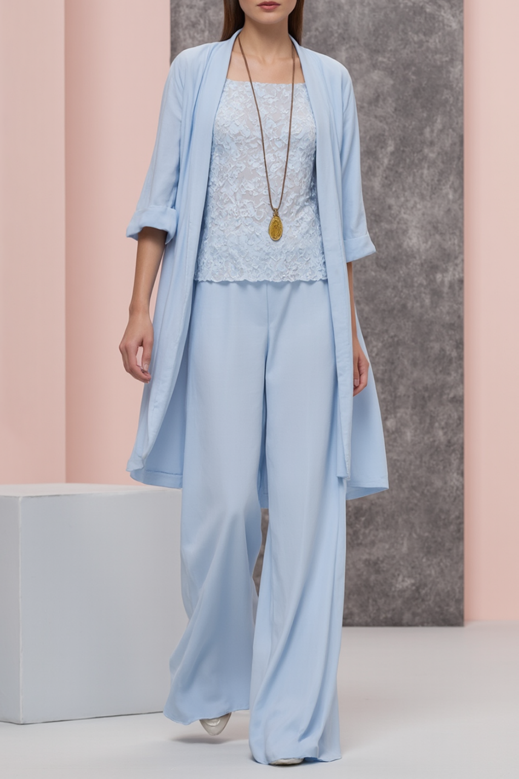 Mom Casual Outfit Sets Blue Crew Neck Lace Wide-Leg Pants 3-Piece Set