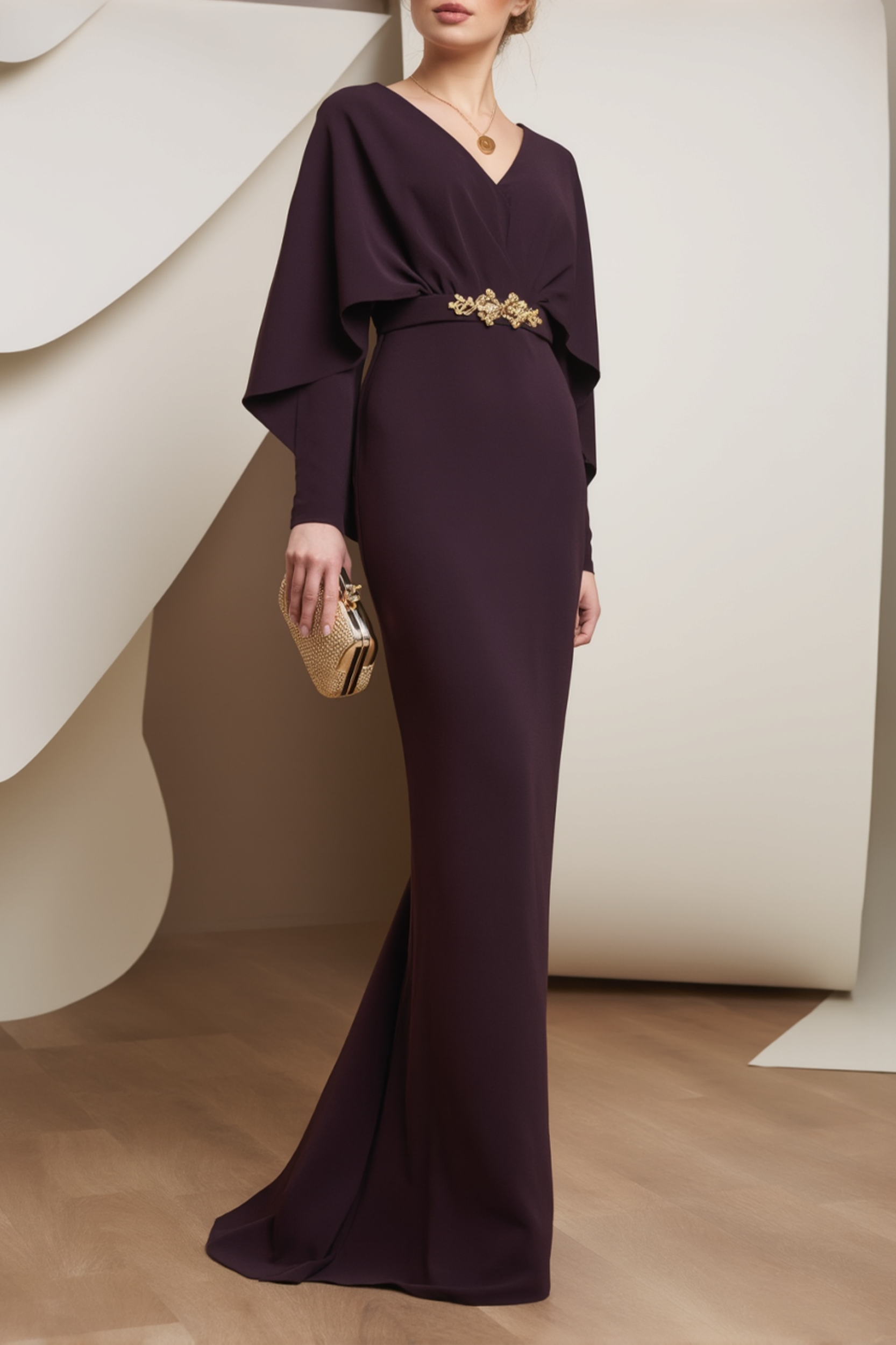 Formal Evening Dress Purple V Neck Belted Maxi Dress