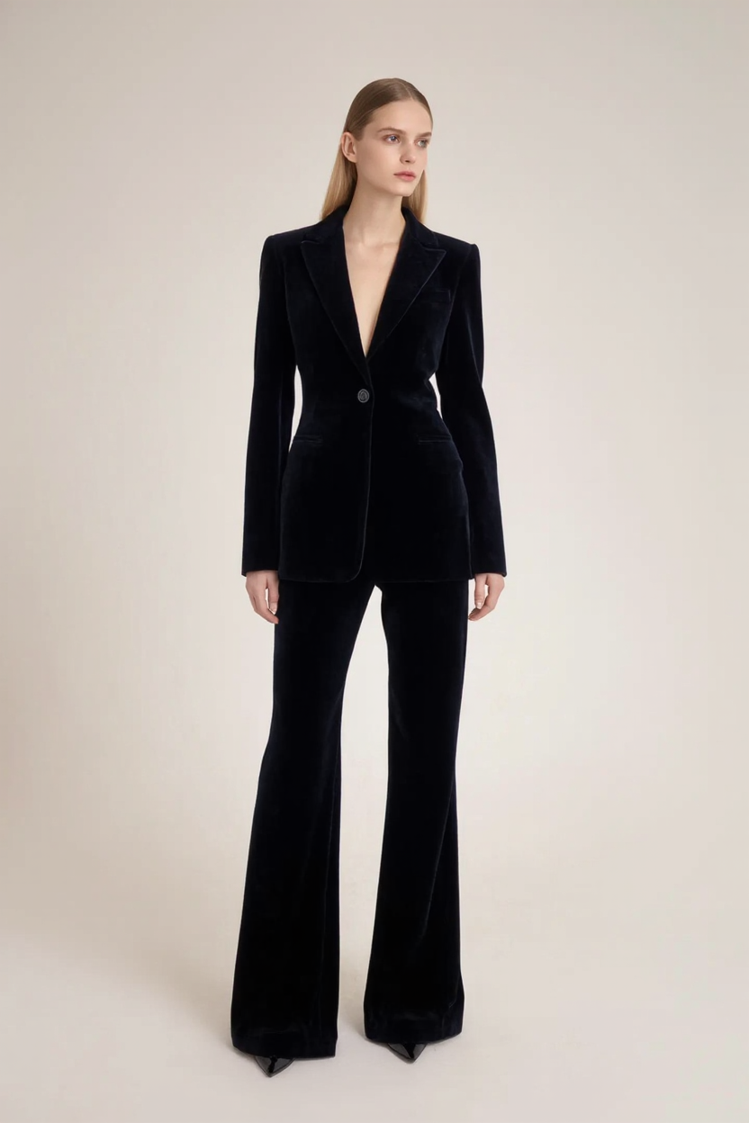Blazer Suit Sets Black Deep V Velvet Pants Set