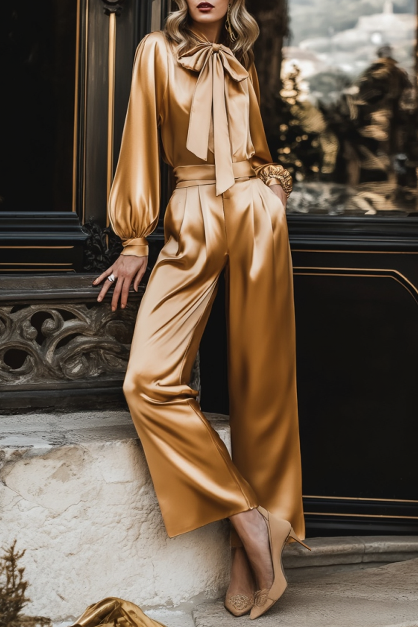 Party Outfit Sets Golden Stand Collar Satin Wide-Leg Pants Set