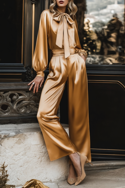 Party Outfit Sets Golden Stand Collar Satin Wide-Leg Pants Set