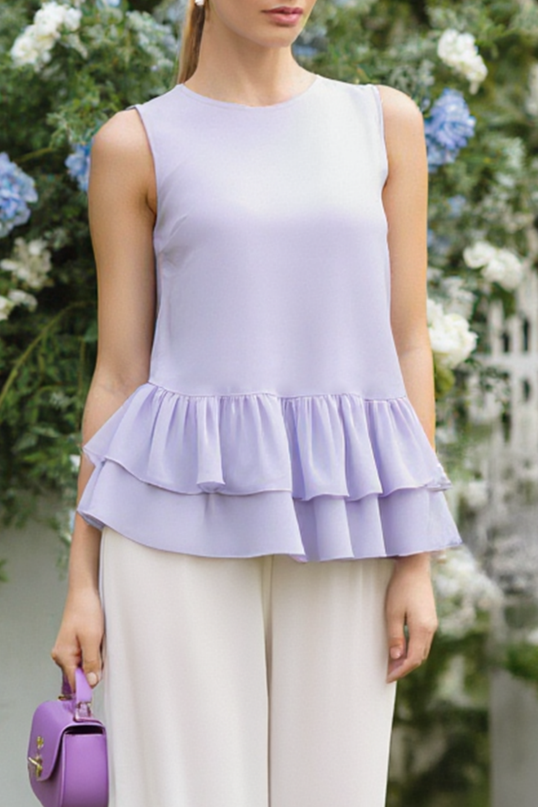 Casual Blouse Set Purple Crew Neck Ruffle Two-Piece