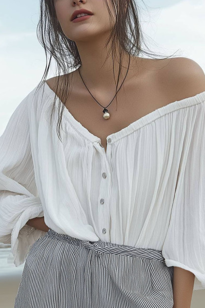 Casual Daily Top White Button-Up Off-Shoulder Loose Shirt