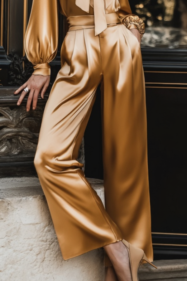 Party Outfit Sets Golden Stand Collar Satin Wide-Leg Pants Set