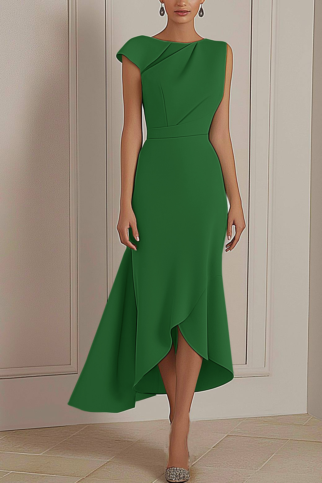 Daily Party Dress Sage Green Round Neck Asymmetric Midi Dress