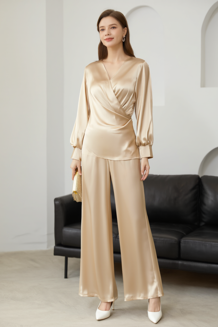 Work Pants Set Golden Long Sleeve Blouse Two-Piece Wide-Leg