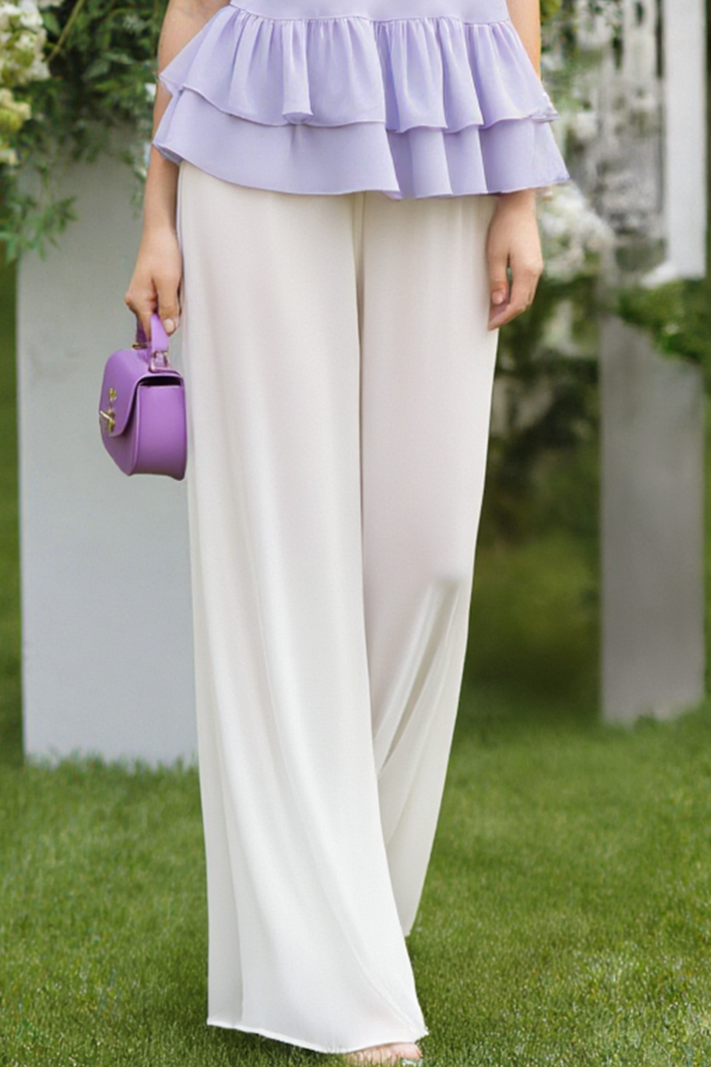 Casual Blouse Set Purple Crew Neck Ruffle Two-Piece