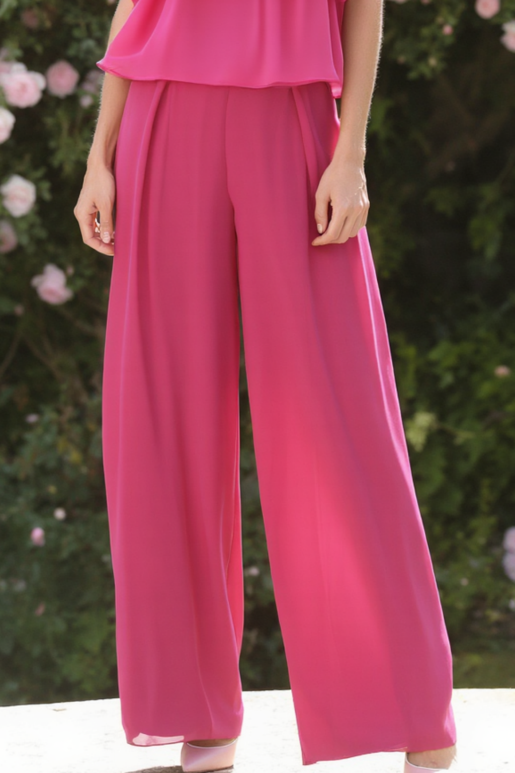 Modern Chic Set Rose Crew Neck Ruffle Chiffon Pants Set 