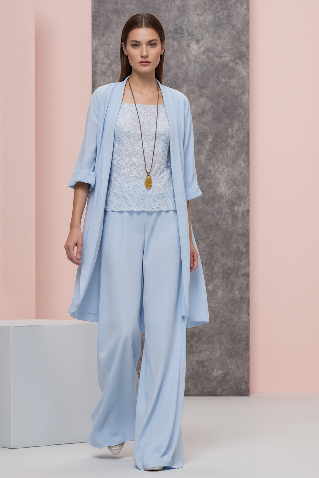 Mom Casual Outfit Sets Blue Crew Neck Lace Wide-Leg Pants 3-Piece Set