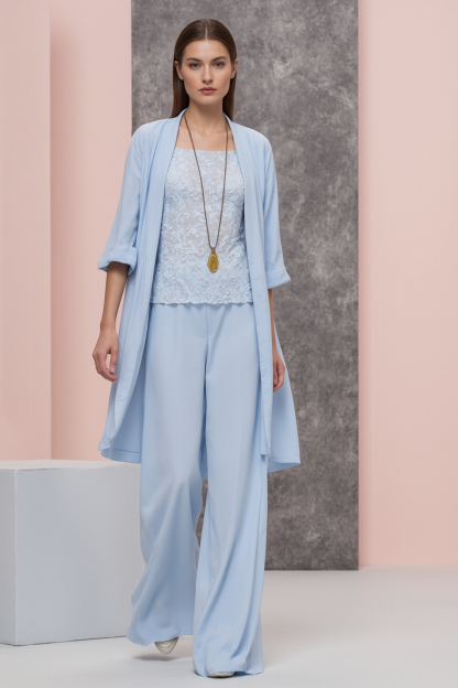 Mom Casual Outfit Sets Blue Crew Neck Lace Wide-Leg Pants 3-Piece Set