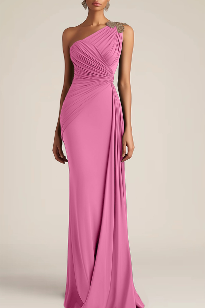 Formal Evening Dress Green One-Shoulder Ruched Maxi Dress
