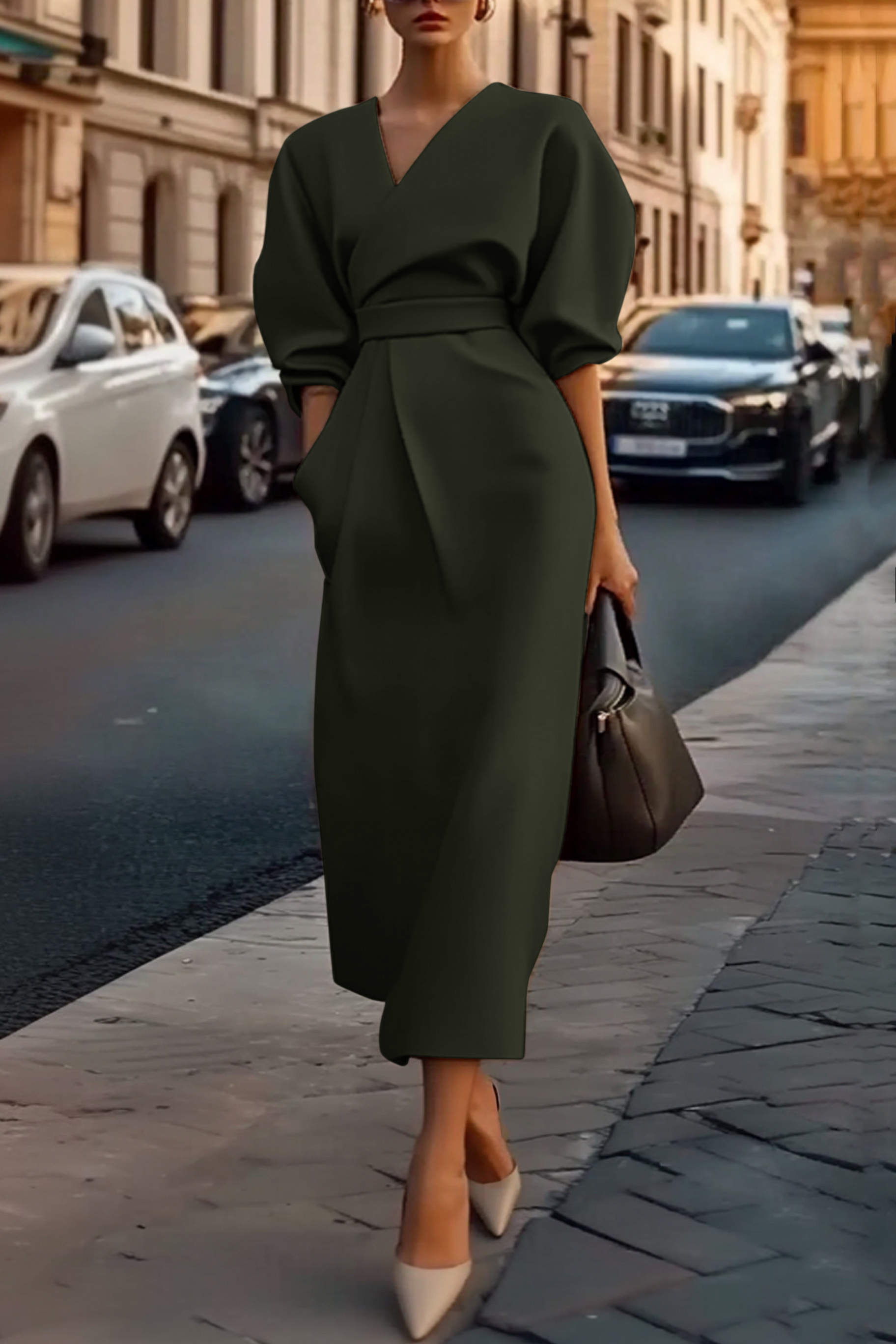 Work Dress Khaki V Neck Puff Sleeve with Pocket Midi Dress