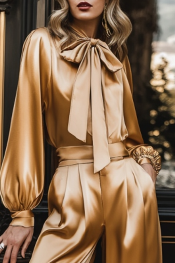 Party Outfit Sets Golden Stand Collar Satin Wide-Leg Pants Set