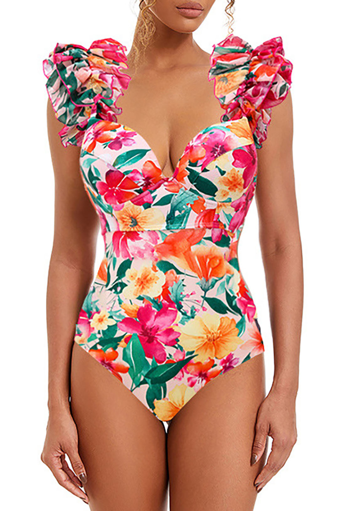 3D Printed Backless Ruffled Suspender One-Piece Swimsuit and Cover-Up