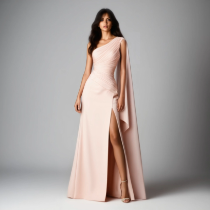 Evening Dress​ Pink One Shoulder Cape Slit Floor-Length Dress