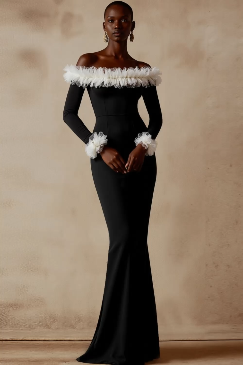  Formal Dress Black Mermaid Off the Shoulder Flowers Maxi Dress 