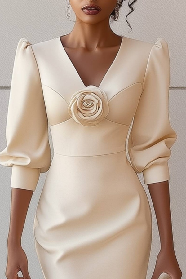 Mother of th Bride Dress Champagne V Neck 3D Floral Knee-Length Dress