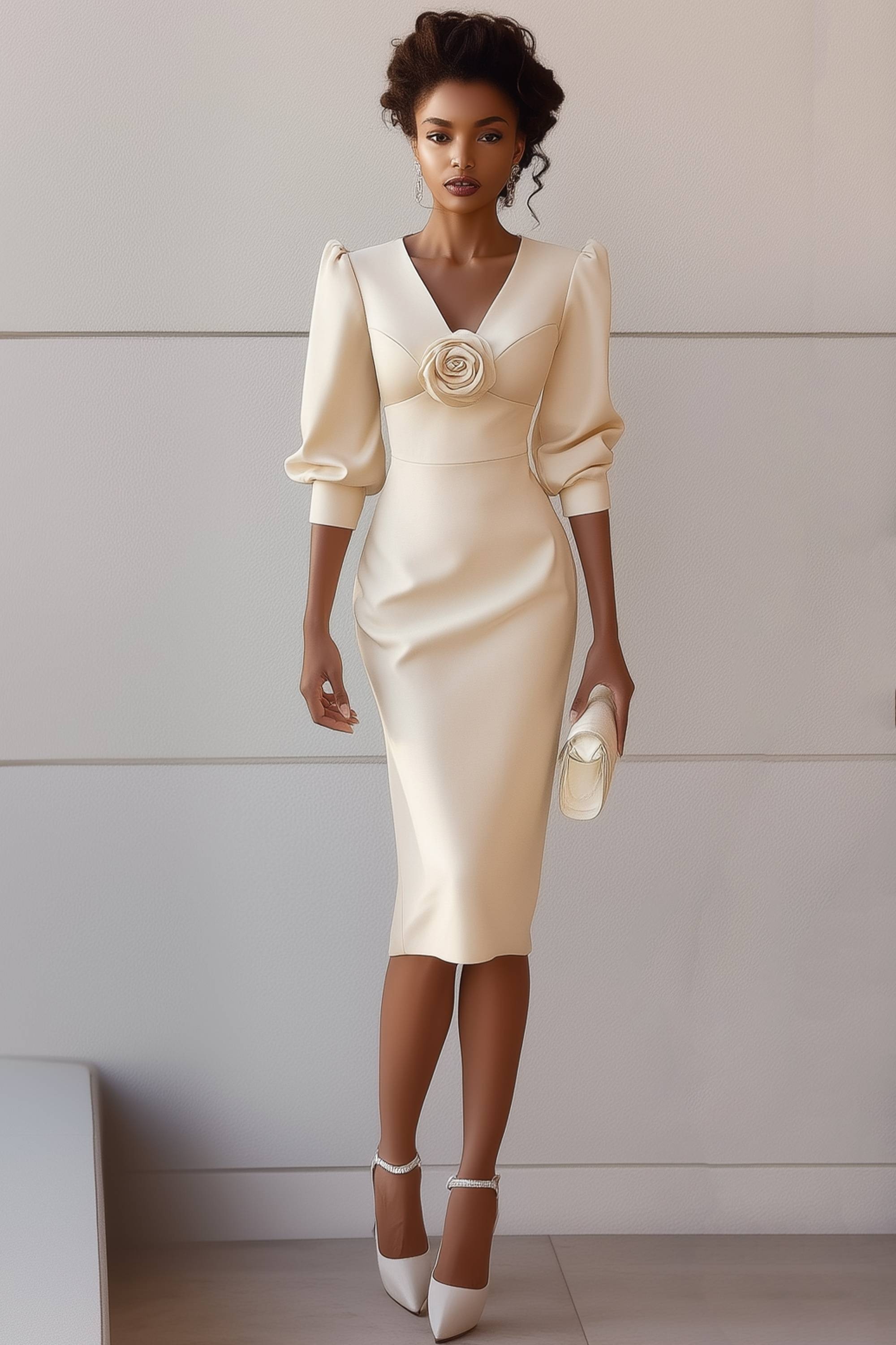 Mother of th Bride Dress Champagne V Neck 3D Floral Knee-Length Dress