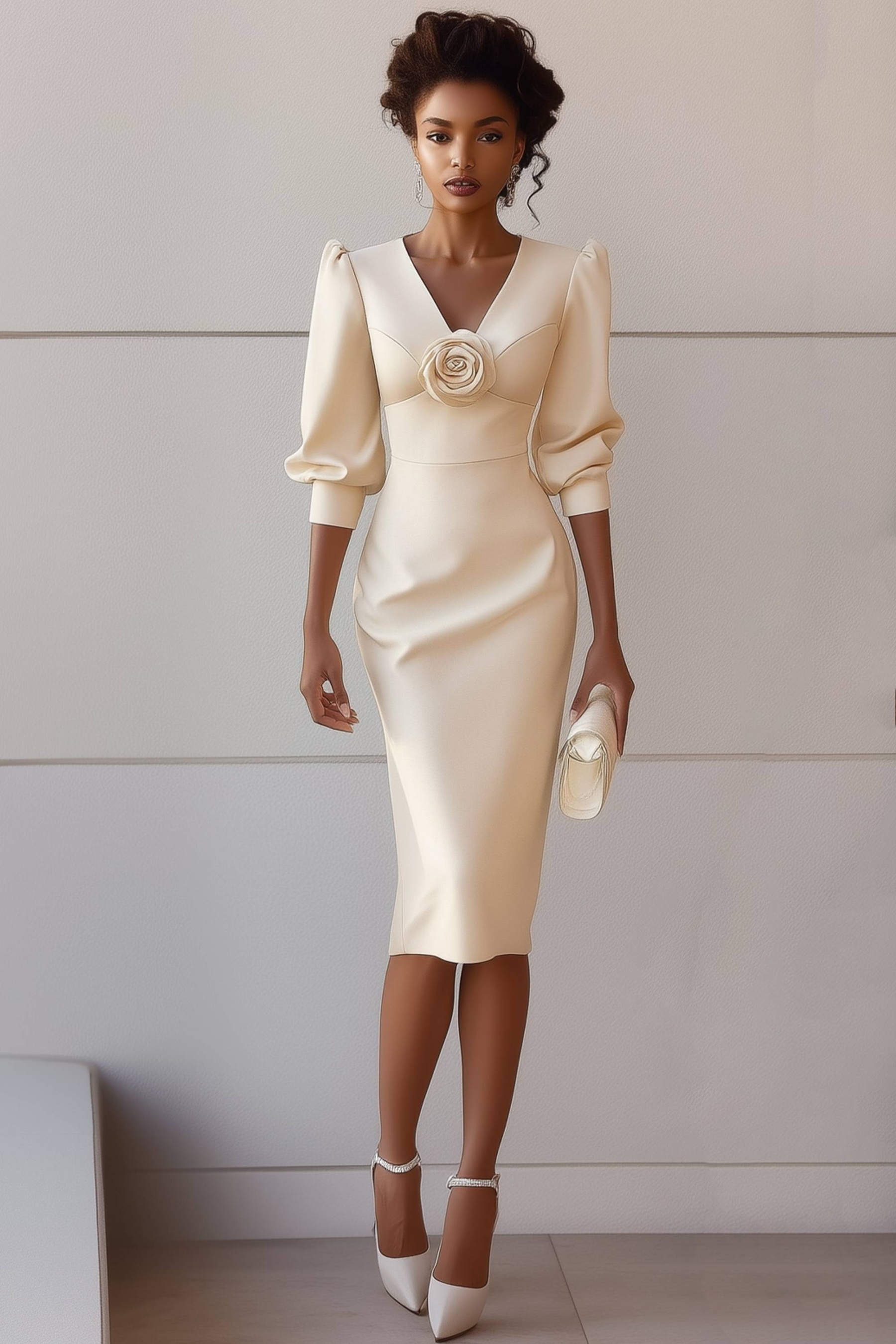 Mother of th Bride Dress Champagne V Neck 3D Floral Knee-Length Dress