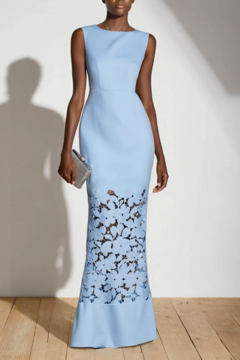 Formal ​Evening Dress Blue Crew Neck Maxi Lace Dress