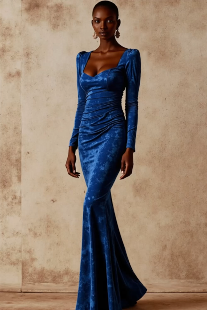 Formal Dress Royal Blue Mermaid Square Neck Velvet Maxi Dress 