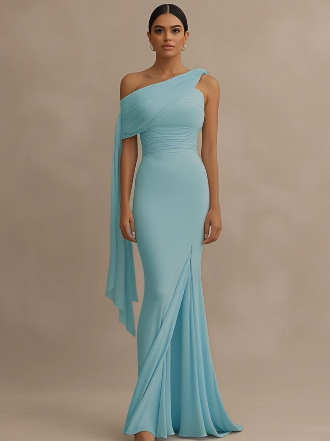 Formal Evening Dress Light Blue One Shoulder Draped Slit Floor Dress