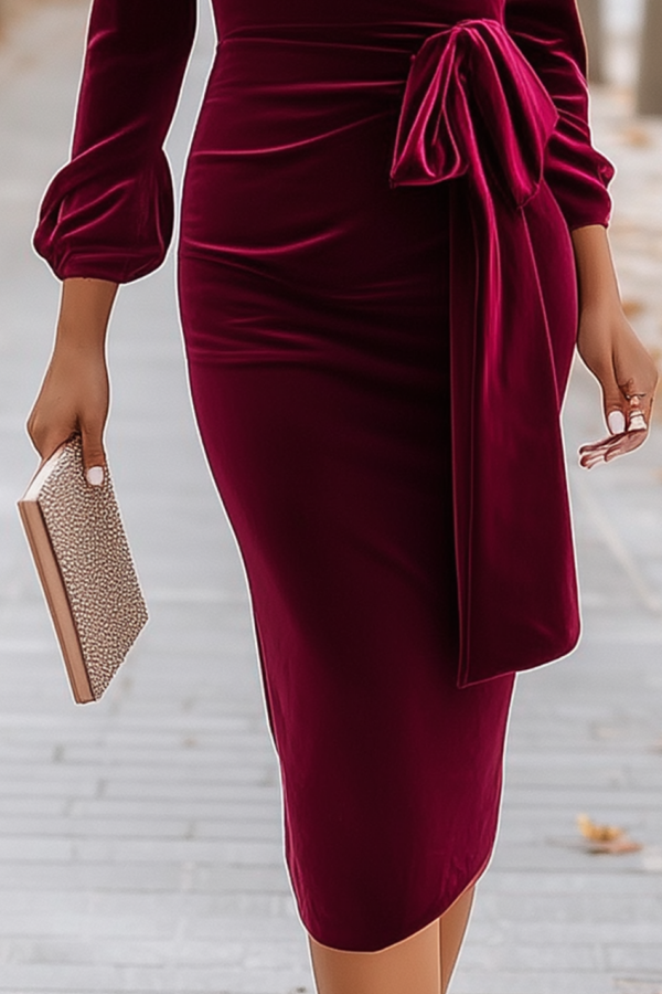 Cocktail Party Dress Burgundy V Neck Midi Velvet Long Sleeve Dress