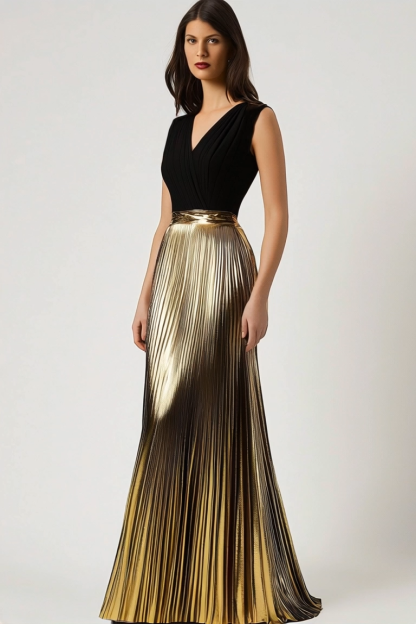 Evening Formal Dress Black-Gold V-neck Metallic Pleated Floor-Length Dress