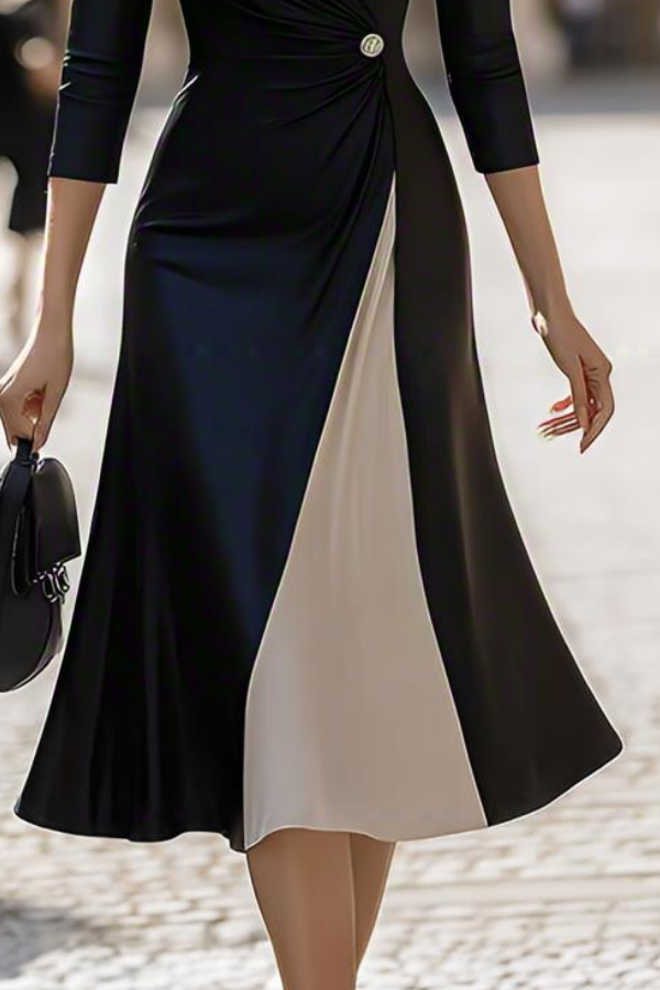 Stylish office dress in navy and beige
