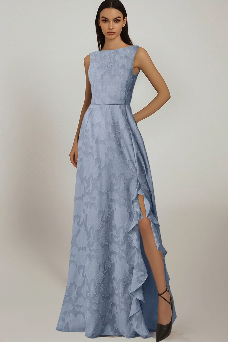 Formal Evening Dress Blue Sleeveless Side Slit Ruffle Floor-Length Gown