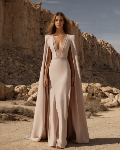 Evening Dress​ Pink Deep V Cape Lace Floor-Length Dress