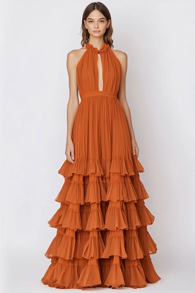 Holiday Dress Orange Halter Neck Ruffle Tiered Layer Floor-Length Gown