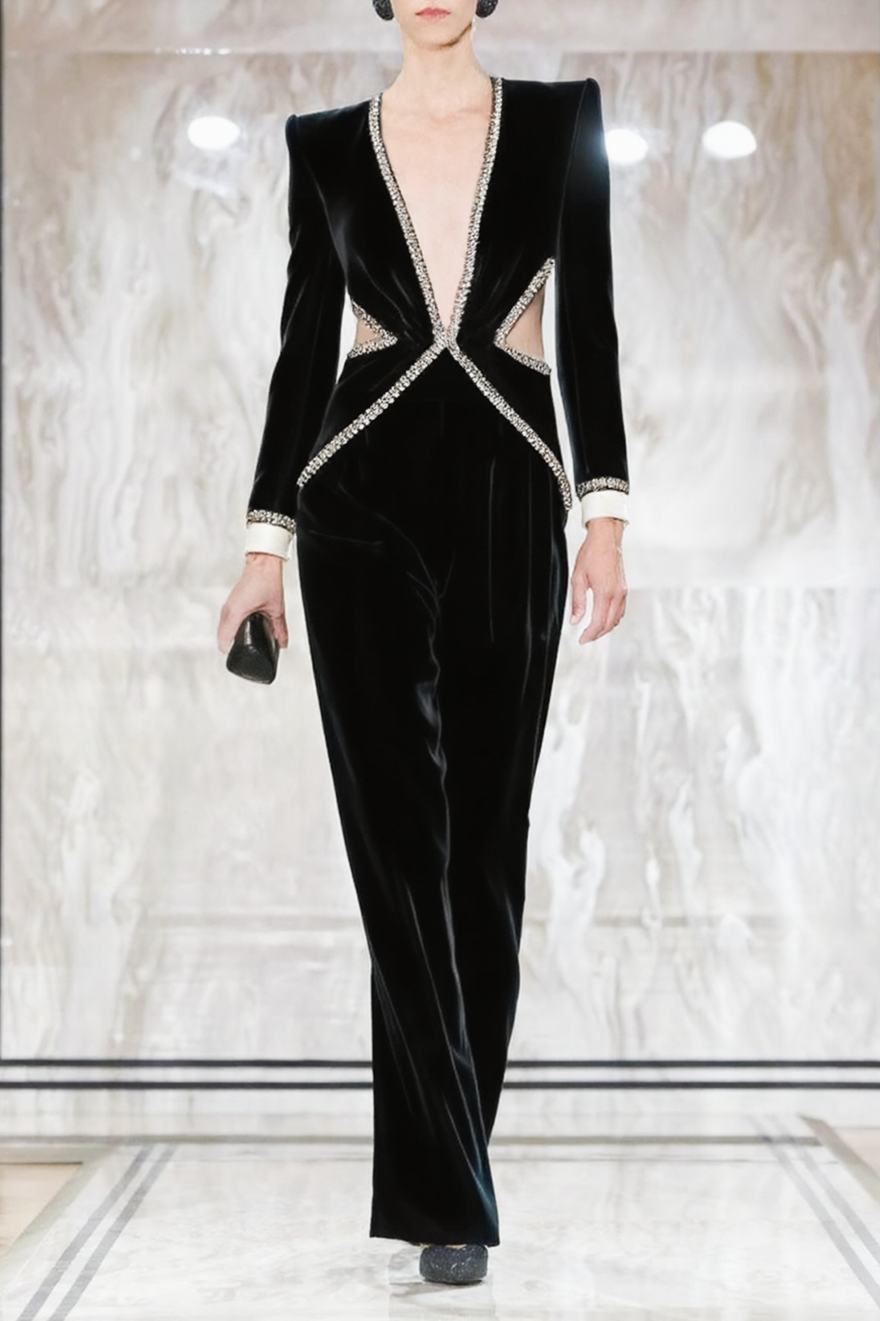 Formal Jumpsuit Long Sleeve Deep V Black Jumpsuit