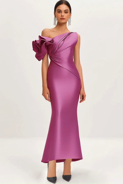 Semi-Formal Satin Dress Purple One-Shoulder Pleated Flower Sleeve Maxi Dress