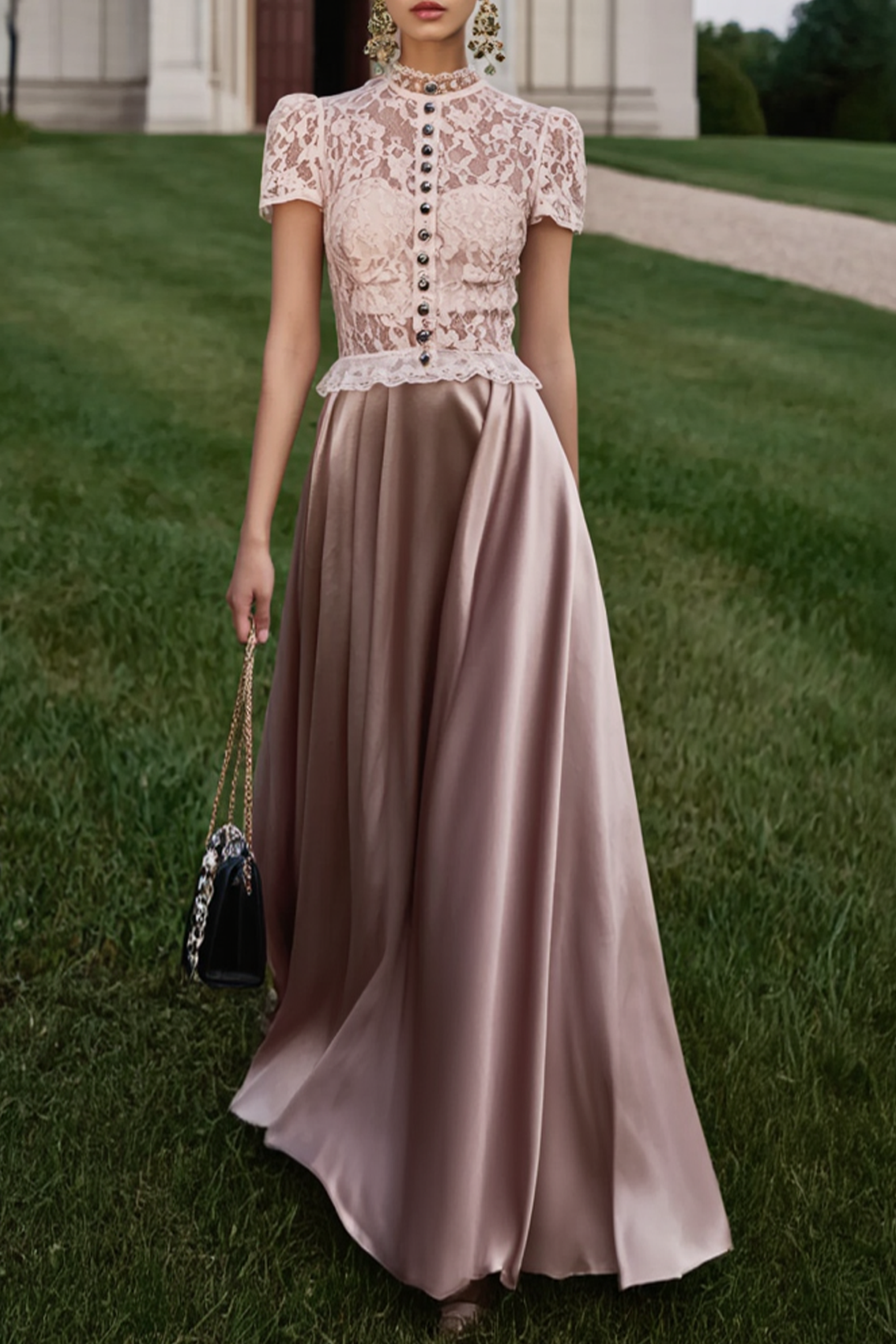Formal Wedding Guest Dress Pink Stand Collar Lace Maxi Dress