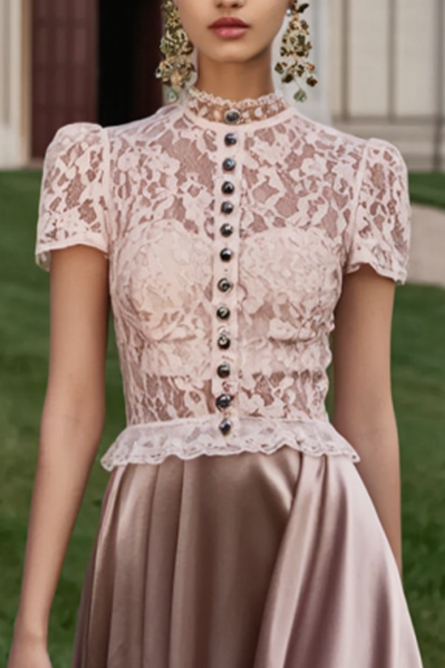 Formal Wedding Guest Dress Pink Stand Collar Lace Maxi Dress