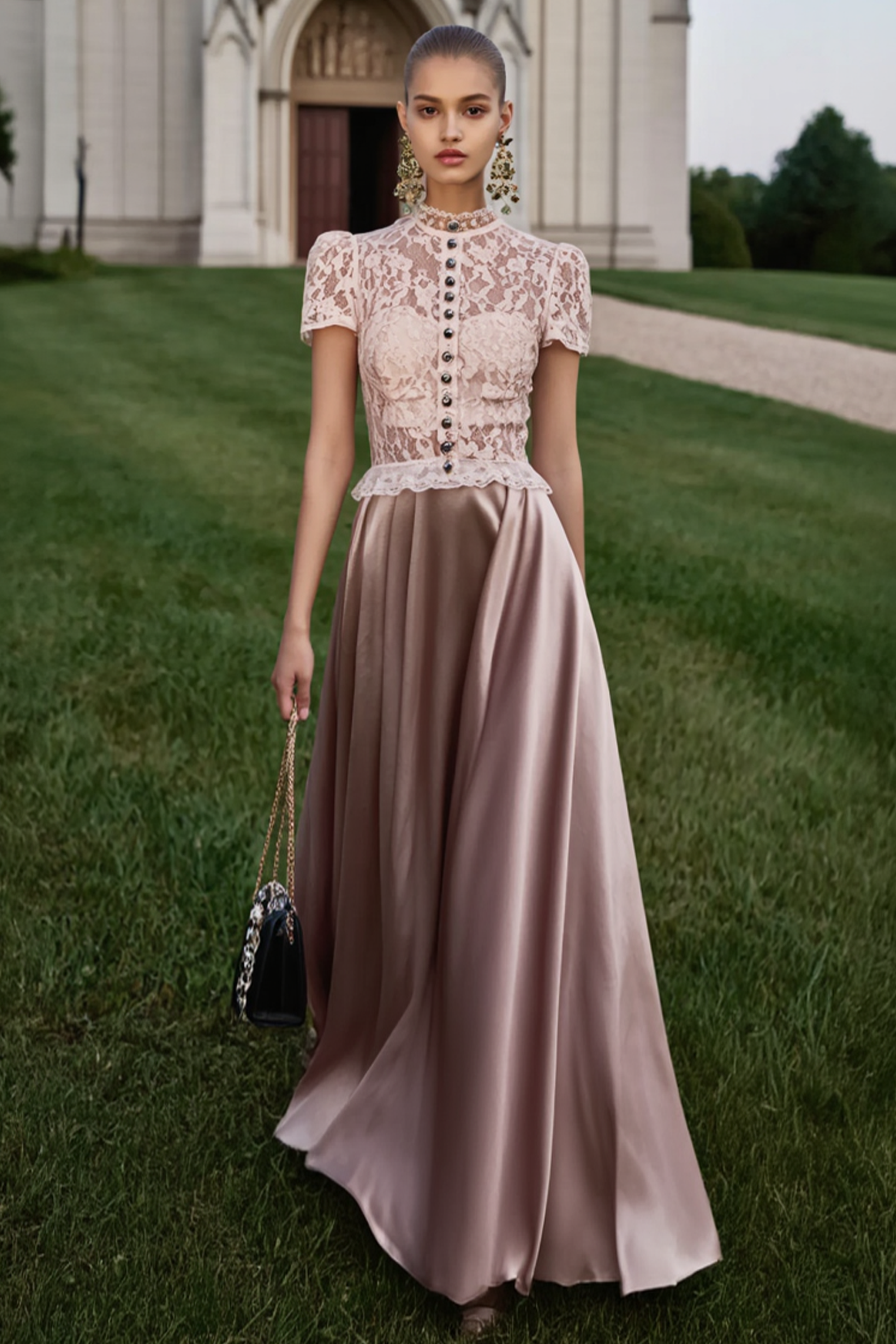 Formal Wedding Guest Dress Pink Stand Collar Lace Maxi Dress