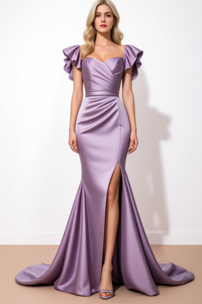 ​Evening​ Formal Satin Dress​​ Purple Square Neck Floor-Length Dress