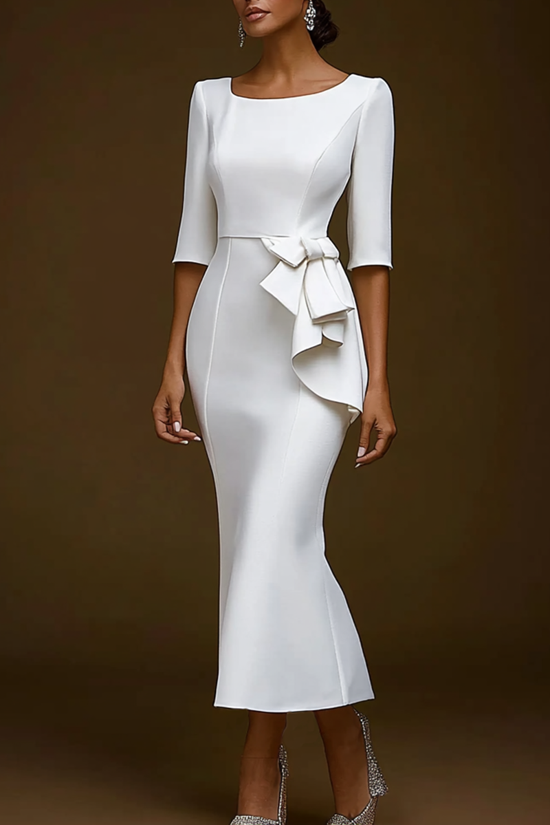 Elegant office dress midi length with waist bow